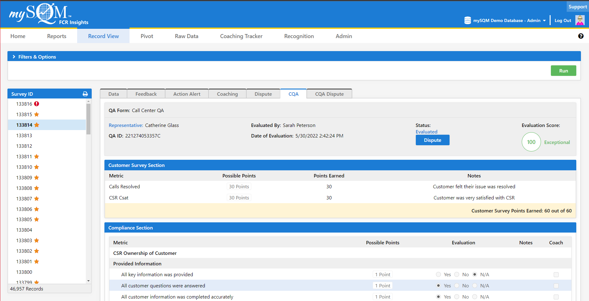 screenshot of mySQM Customer Service QA